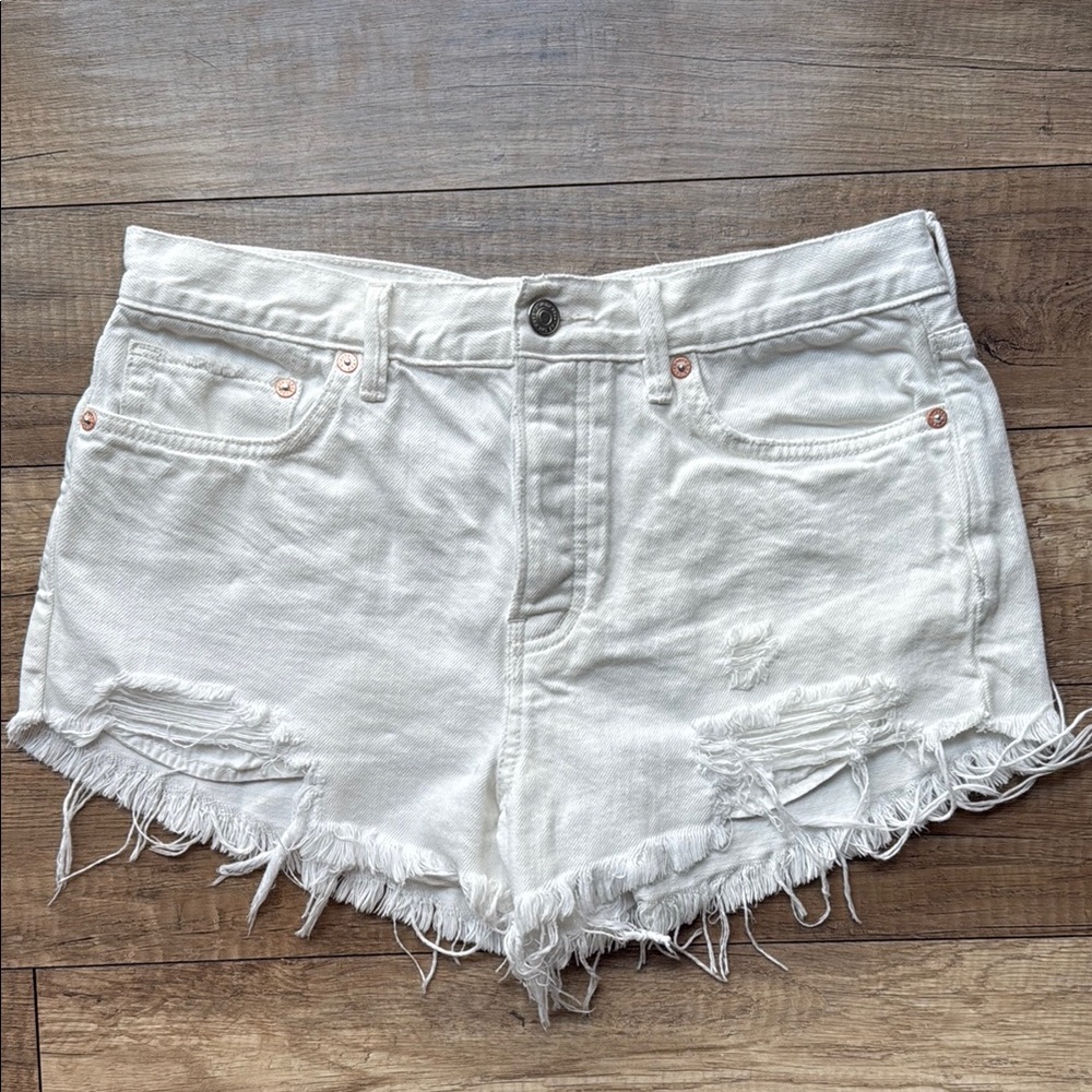 We The Free White High-Waisted Jean Shorts with Frayed Hem